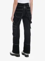 Black & White Contrast Stitch Suspender Carpenter Pants