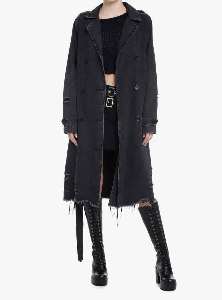 Black Destructed Girls Denim Longline Coat