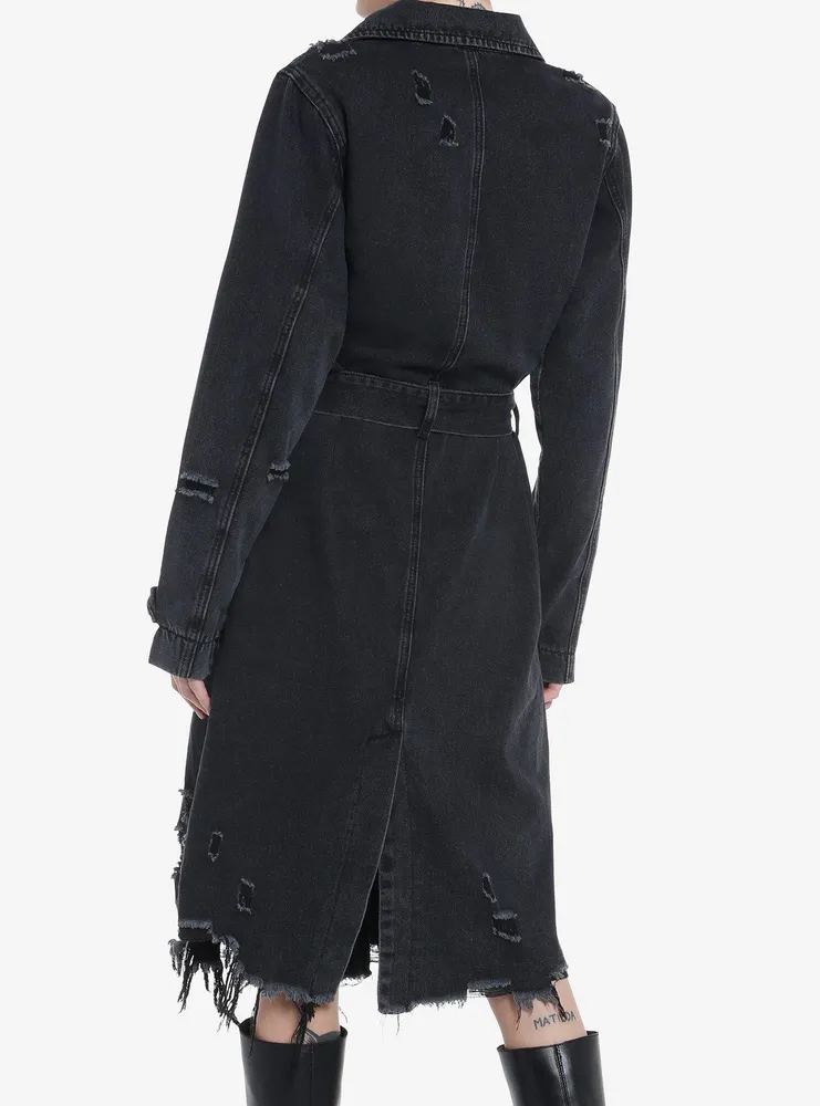 Black Destructed Girls Denim Longline Coat