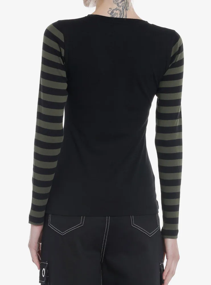 Black & Olive Stripe Star Girls Long-Sleeve Top