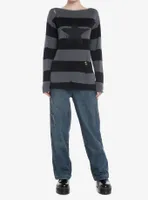 Black & Grey Stripe Star Distressed Girls Sweater