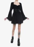 Cosmic Aura Black Lace-Up Bell Sleeve Dress