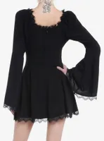 Cosmic Aura Black Lace-Up Bell Sleeve Dress