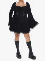 Cosmic Aura Black Lace-Up Bell Sleeve Dress Plus