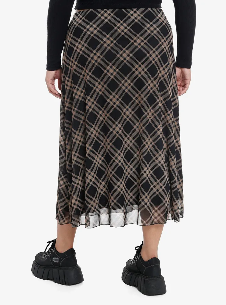 Social Collision Black & Brown Plaid Midi Skirt Plus