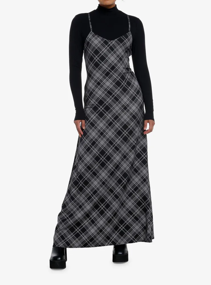 Social Collision Black & Grey Plaid Twofer Long-Sleeve Maxi Dress