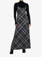 Social Collision Black & Grey Plaid Twofer Long-Sleeve Maxi Dress