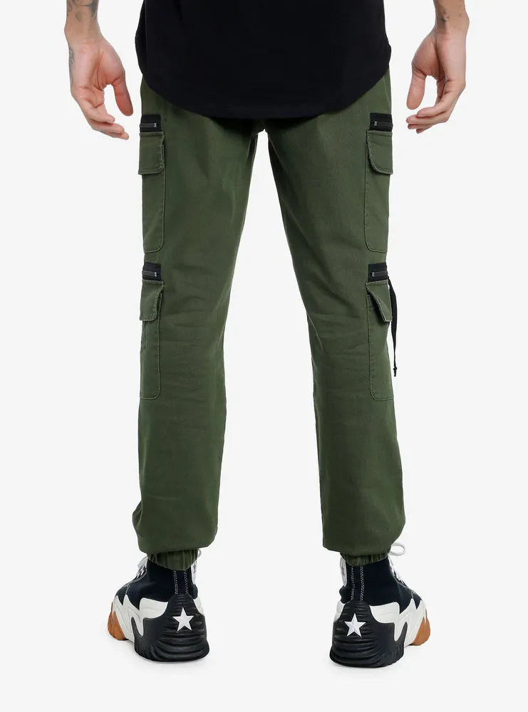 Olive Zipper Cargo Pocket Jogger Pants