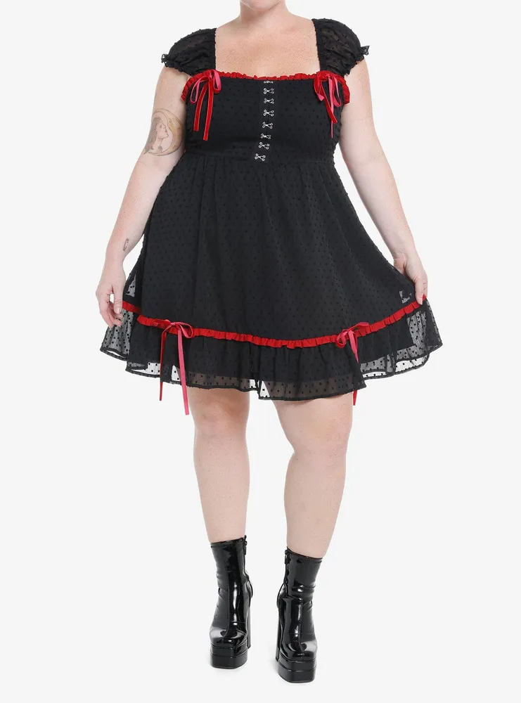 Social Collision Black & Red Bows Ruffle Mini Dress Plus