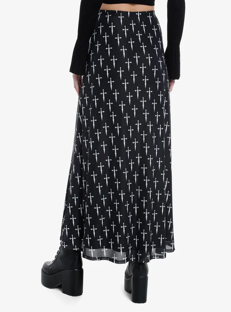 Social Collision Daggers Allover Print Front Slit Maxi Skirt