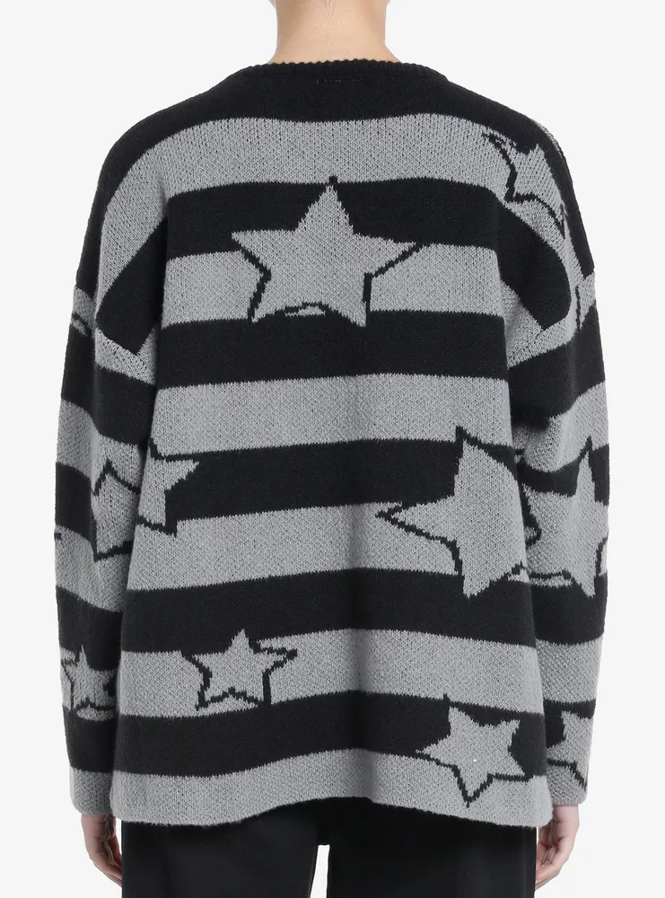 Black & Grey Stripe Star Girls Oversized Boxy Knit Sweater