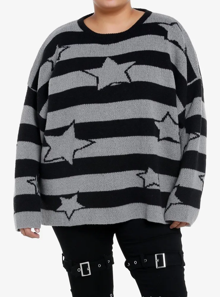 Black & Grey Stripe Star Girls Knit Sweater Plus