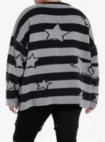 Black & Grey Stripe Star Girls Knit Sweater Plus