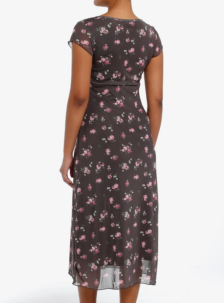 Thorn & Fable Brown Pink Roses Midaxi Dress