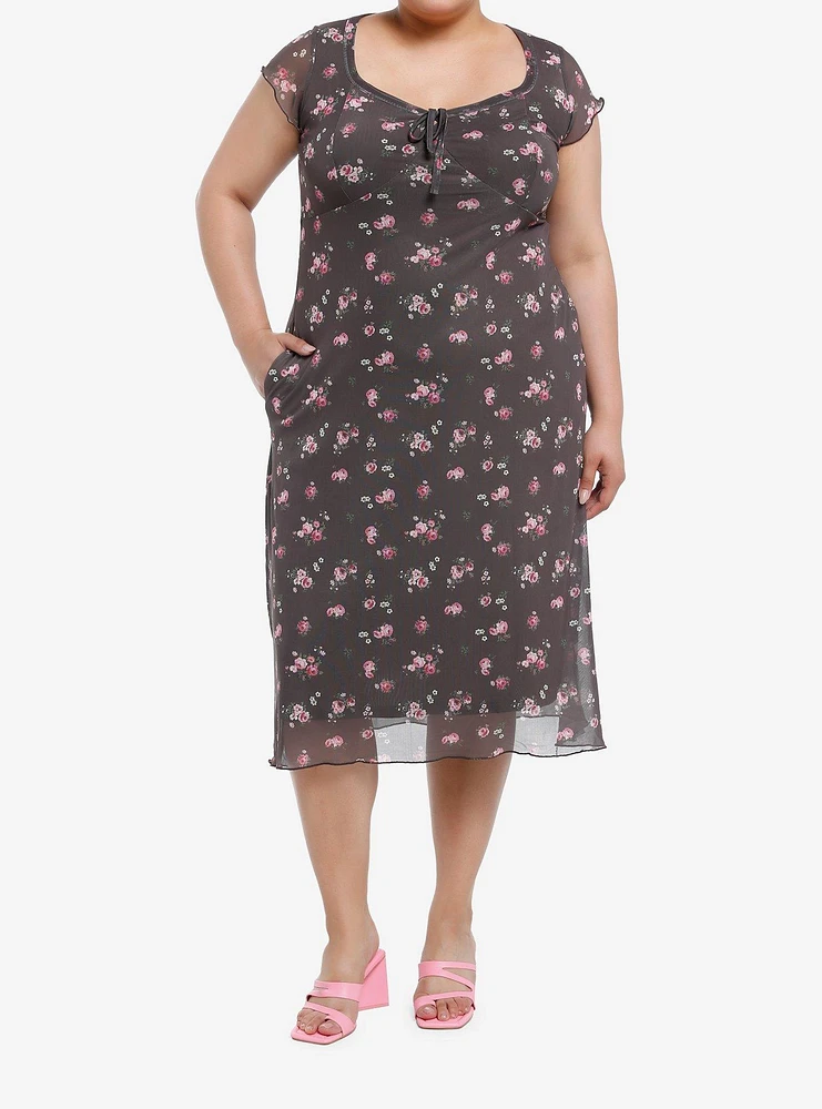 Thorn & Fable Brown Pink Roses Midaxi Dress Plus