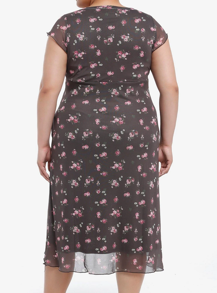 Thorn & Fable Brown Pink Roses Midaxi Dress Plus