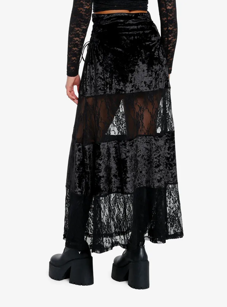 Black Velvet Lace Panel Maxi Skirt