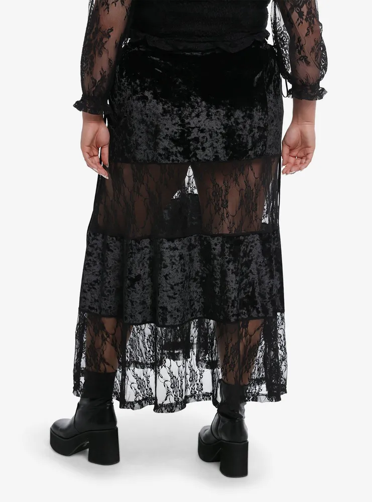 Black Velvet Lace Panel Maxi Skirt Plus