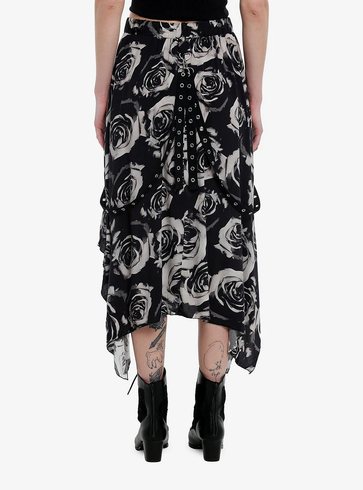 Black & Grey Rose Grommet Hem Hanky Midi Skirt