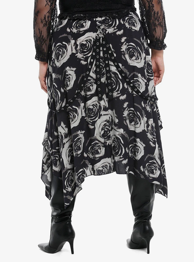 Black & Grey Rose Grommet Hem Hanky Midi Skirt Plus