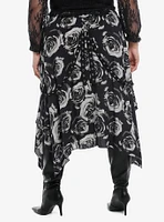Black & Grey Rose Grommet Hem Hanky Midi Skirt Plus