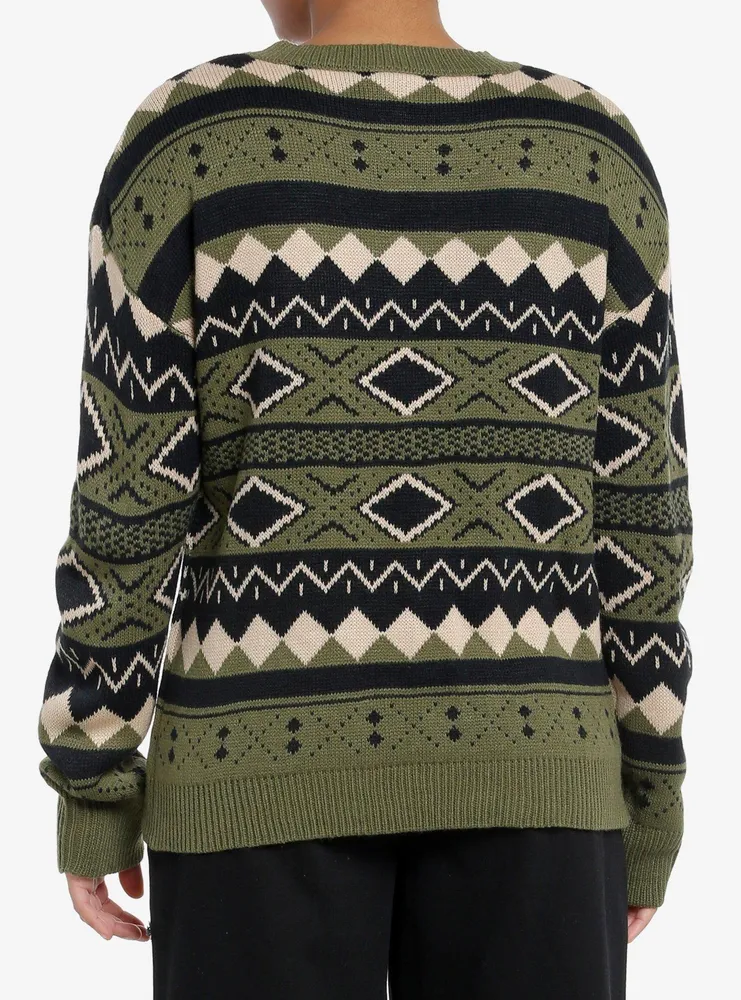 Green Fair Isle Vintage Girls Knit Sweater