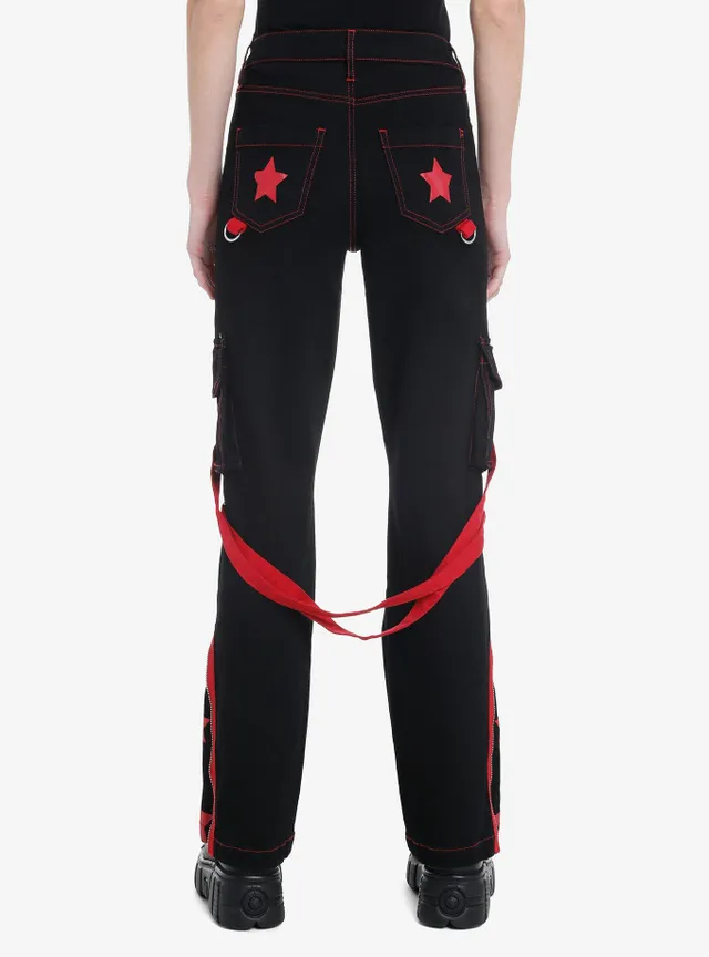 Hot Topic Red Plaid Split Leg Suspender Stinger Jeans