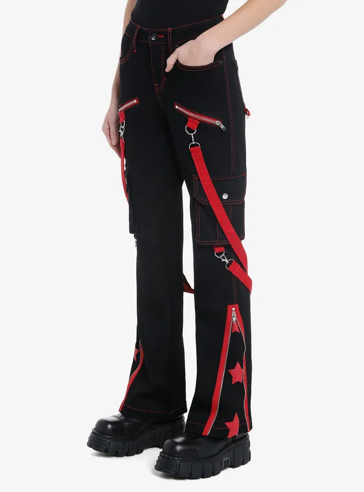 Black & Red Star Suspender Flare Pants