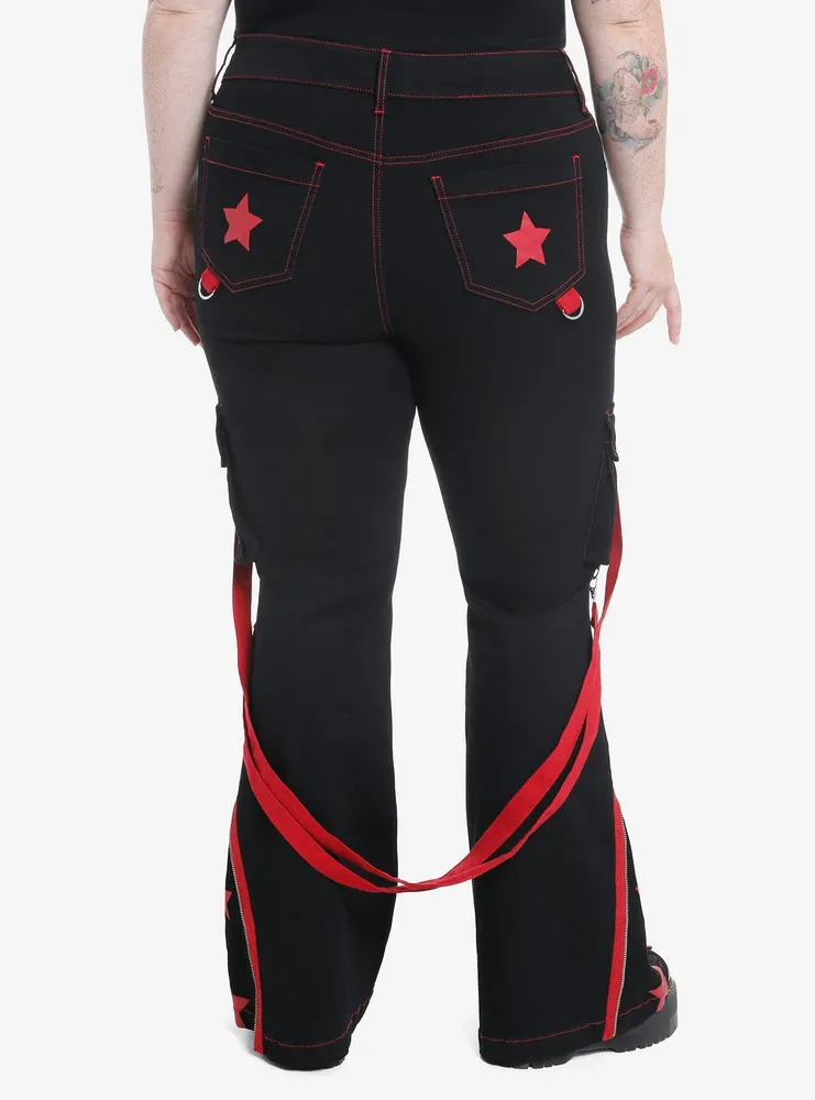 Social Collision Black & Red Star Suspender Flare Pants Plus