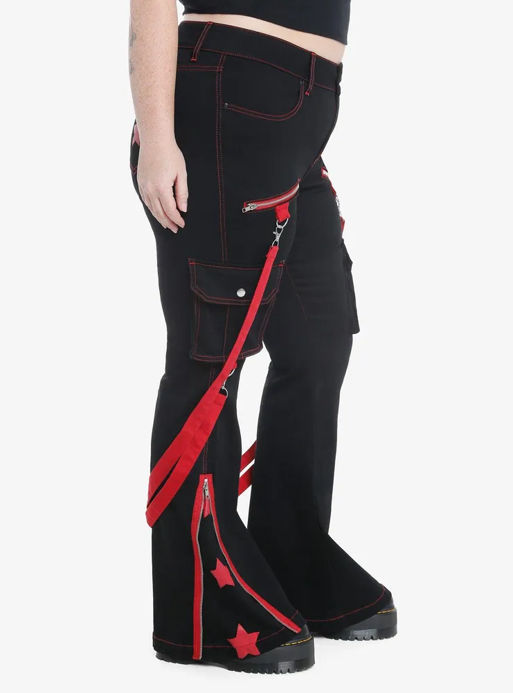 Social Collision Black & Red Star Suspender Flare Pants Plus