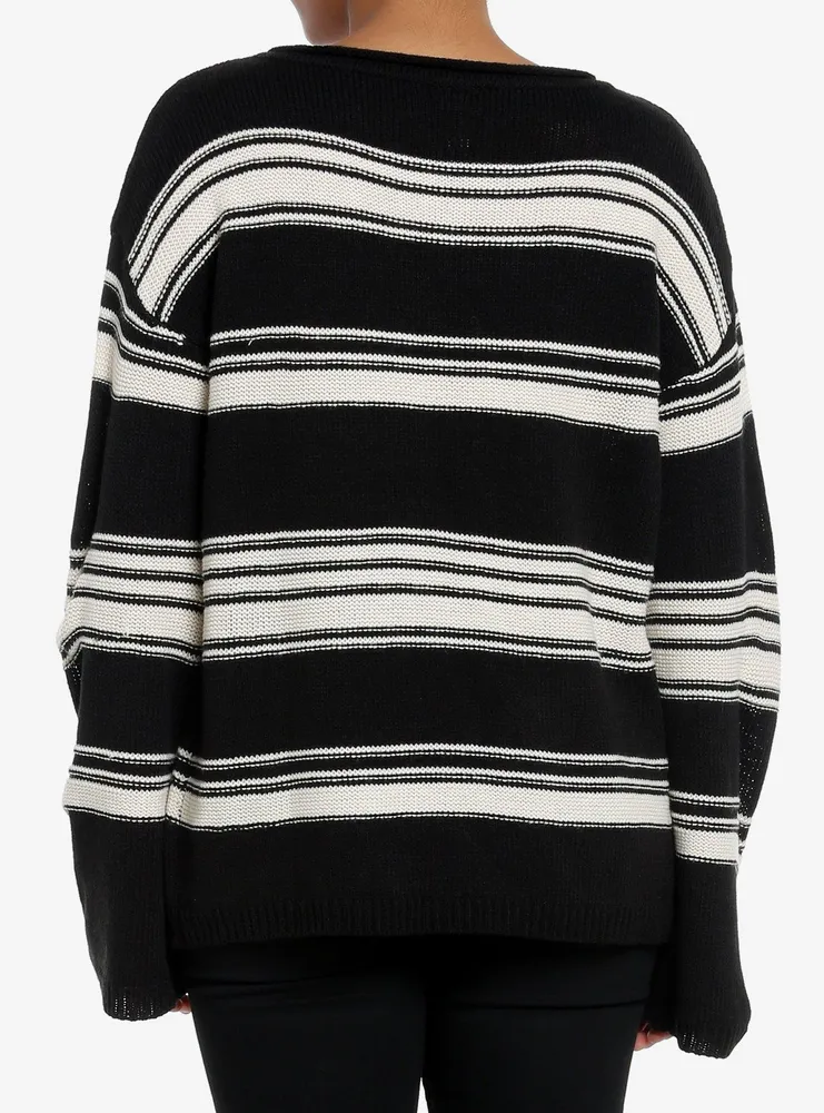 Black & Cream Stripe Boatneck Girls Knit Sweater