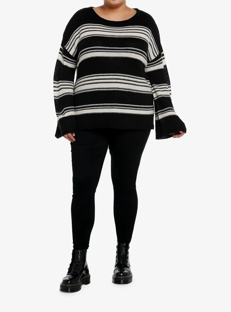 Black & White Stripe Boatneck Girls Knit Sweater Plus