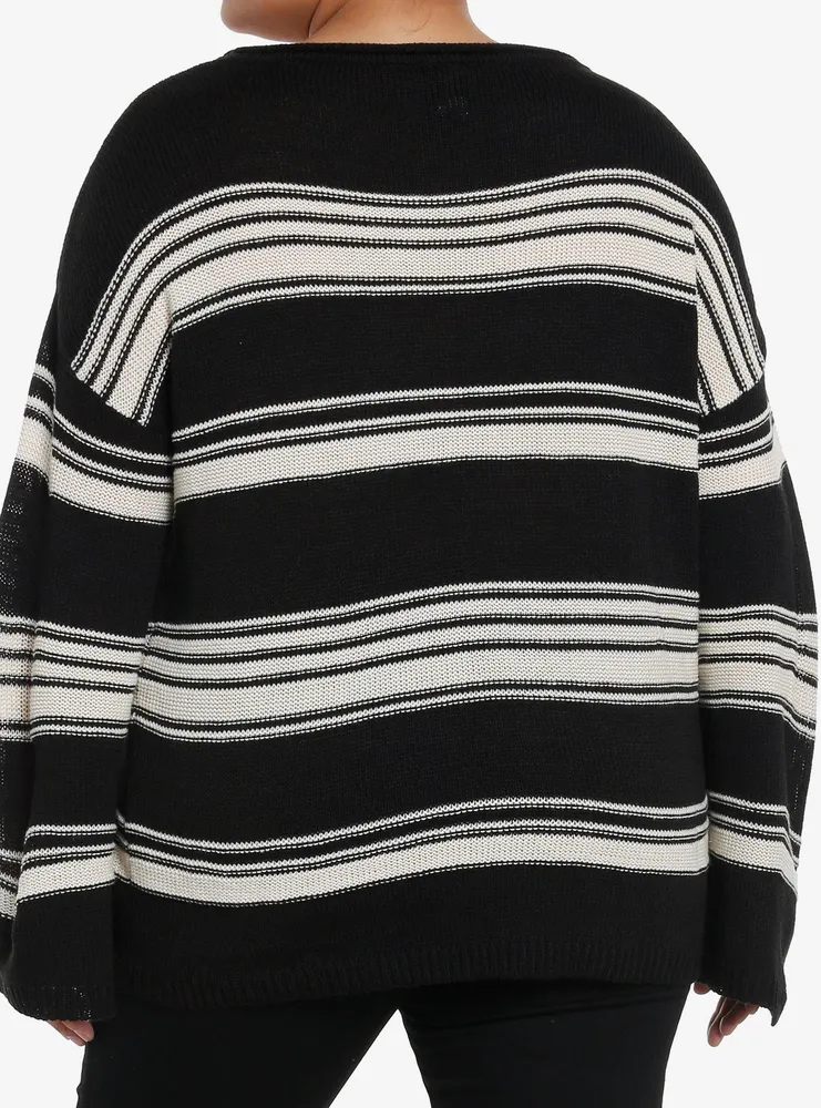 Black & White Stripe Boatneck Girls Knit Sweater Plus