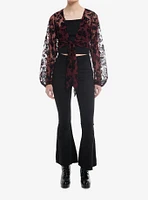 Thorn & Fable® Burgundy Black Velvet Rose Tie-Front Long-Sleeve Girls Top