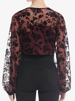 Thorn & Fable® Burgundy Black Velvet Rose Tie-Front Long-Sleeve Girls Top