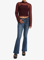 Maroon Floral Mesh Girls Long-Sleeve Top