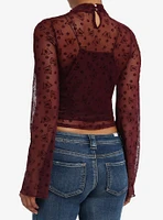 Maroon Floral Mesh Girls Long-Sleeve Top