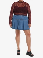 Maroon Floral Mesh Girls Long-Sleeve Twofer Plus