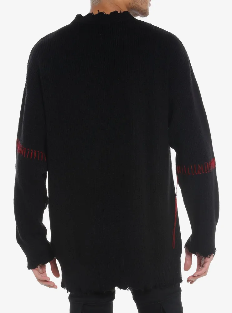 Black Distressed Red Stitch Sweater