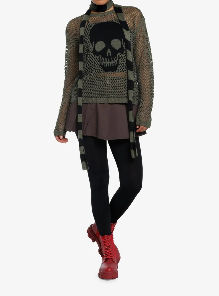 Social Collision Skull Girls Knit Sweater With Scarf