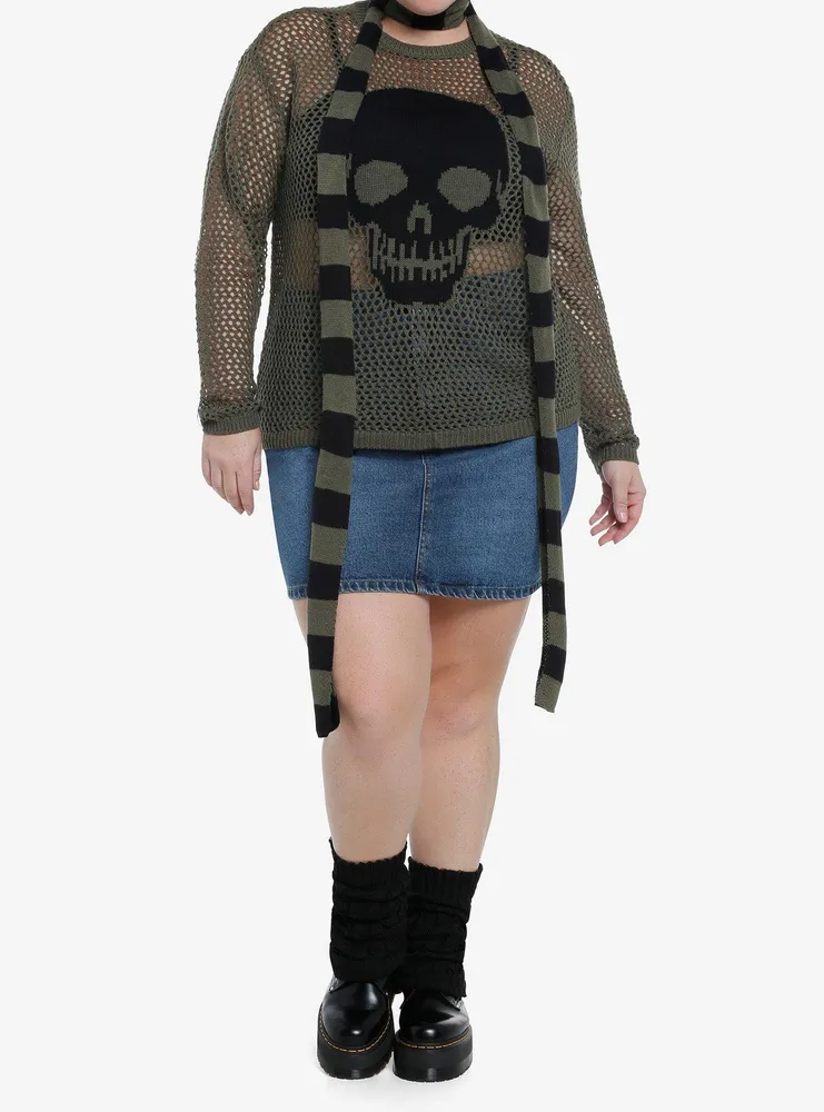 Social Collision Skull Girls Knit Sweater With Scarf Plus