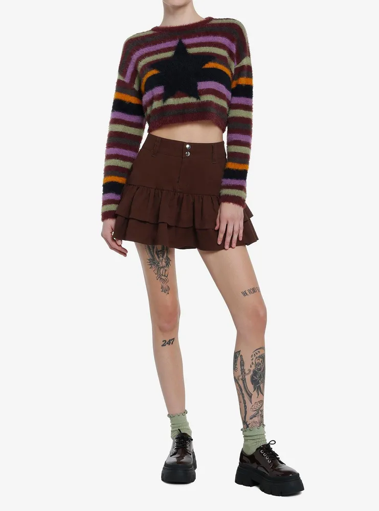 Social Collision Fuzzy Multicolor Stripe Star Girls Crop Sweater