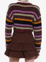 Social Collision Fuzzy Multicolor Stripe Star Girls Crop Sweater