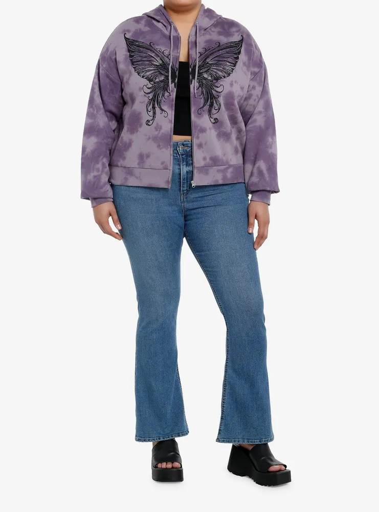 Thorn & Fable Butterfly Purple Tie-Dye Girls Crop Hoodie Plus