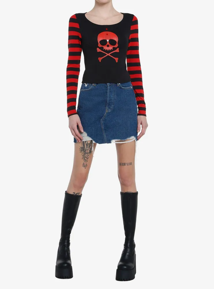 Social Collision Red Skull Striped Girls Long-Sleeve Top