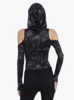 Cosmic Aura Taxidermy Cold Shoulder Girls Hooded Crop Top