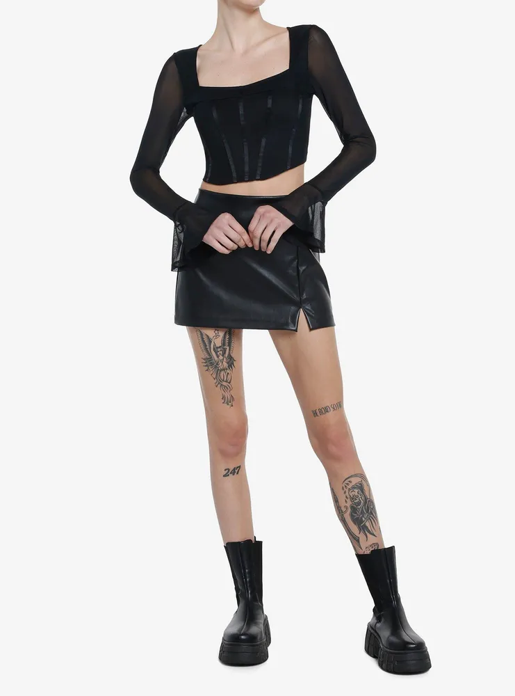 Cosmic Aura Black Corset Mesh Girls Long-Sleeve Crop Top
