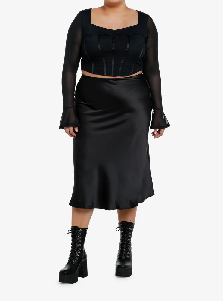 Cosmic Aura Black Corset Mesh Girls Long-Sleeve Crop Top Plus