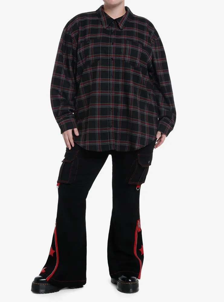 Social Collision Black & Red Plaid Skull Stud Girls Flannel Button-Up Plus