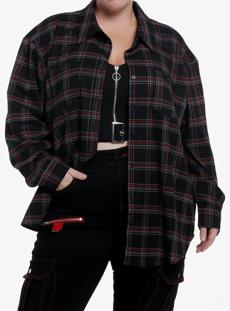 Social Collision Black & Red Plaid Skull Stud Girls Flannel Button-Up Plus